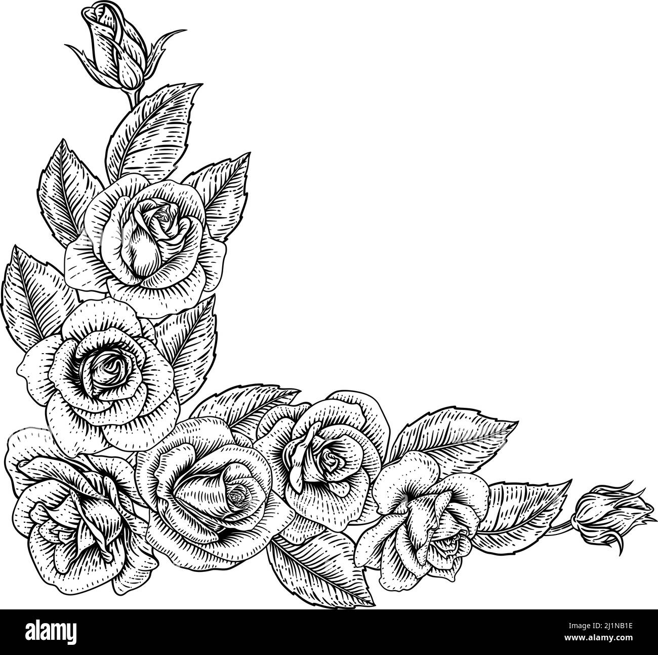 Rose Flower Border Woodcut vintage Corner Frame Illustrazione Vettoriale