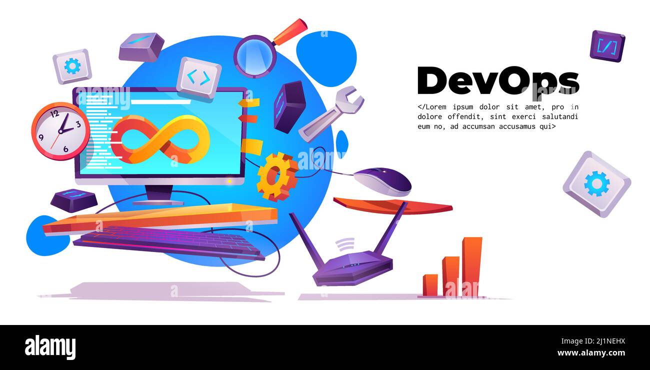Banner DevOps. Concetto di operazioni di sviluppo. Pagina di destinazione vettoriale dell'integrazione del progetto con cartoni animati illustrazione dello schermo del computer con lifecyc Illustrazione Vettoriale
