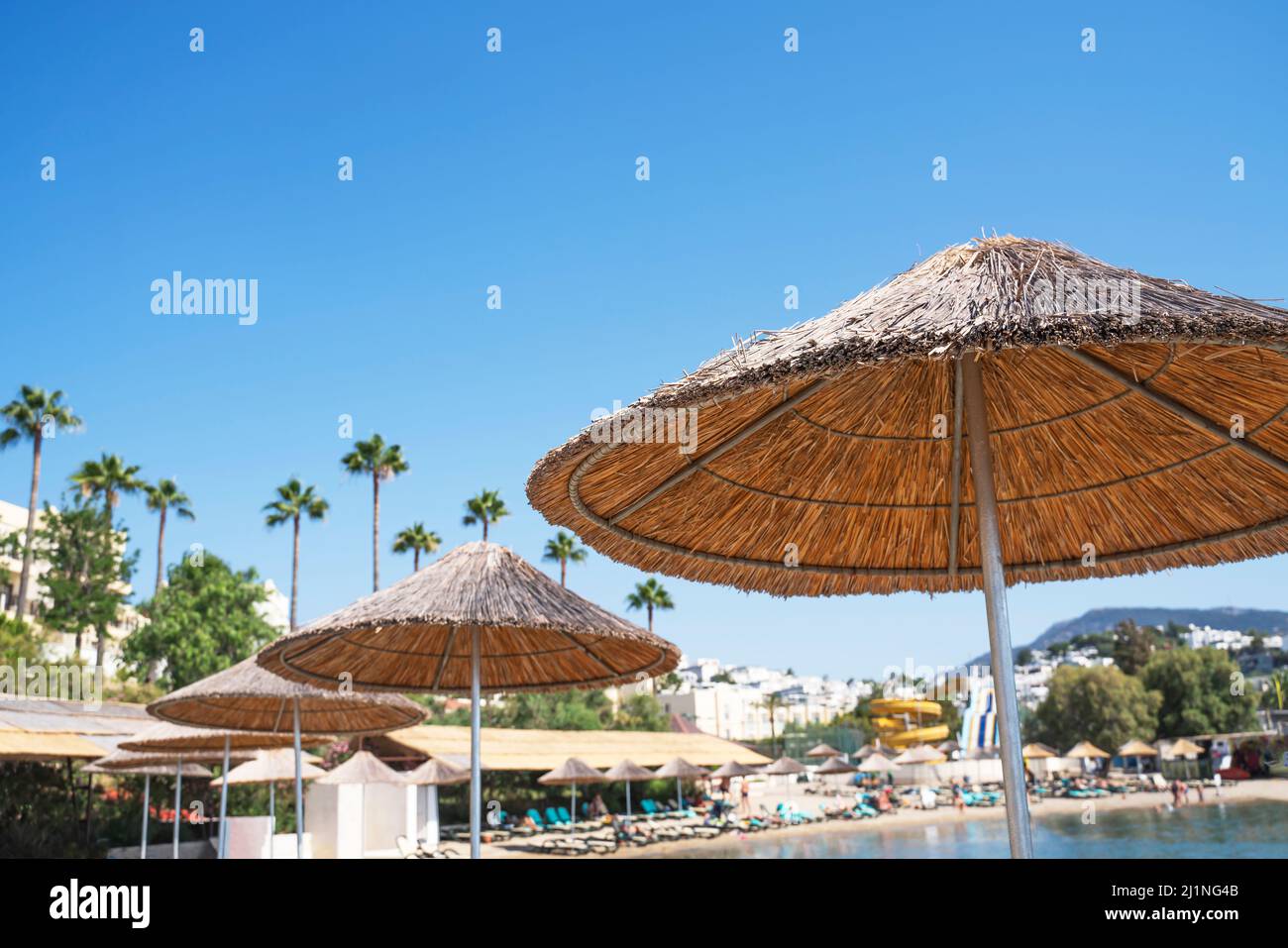 Ombrelloni e sdraio sulla spiaggia in un resort tropicale per le vacanze estive Foto Stock