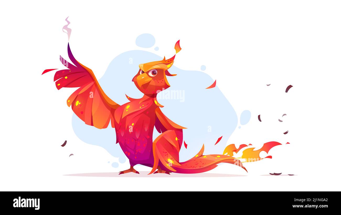 Phoenix o fenix fuoco uccello cartoon carattere. Fantasy creatura magica con piumaggio rosso e ali fumanti. Animale da fiaba, simbolo dell'immortale Illustrazione Vettoriale