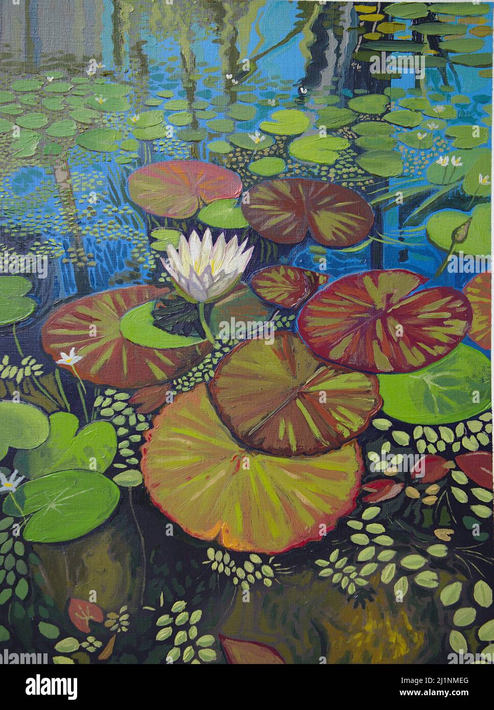 Dipinto ad olio originale di gigli laghetto in giardino botanico Foto Stock