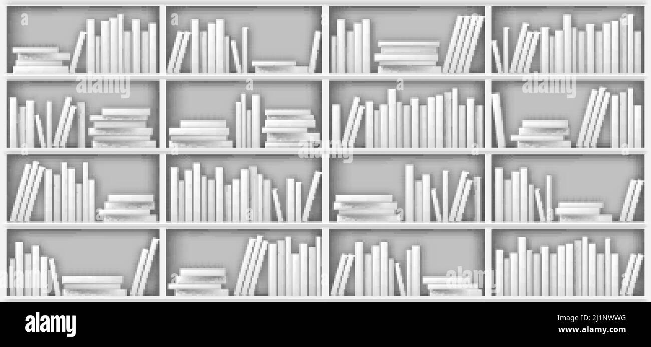Mockup bianco libreria, libri su scaffale in biblioteca, casa, scuola o ufficio interno. Volumi con supporto per il libro cartaceo vuoto in fila e giacente in pile su rac Illustrazione Vettoriale