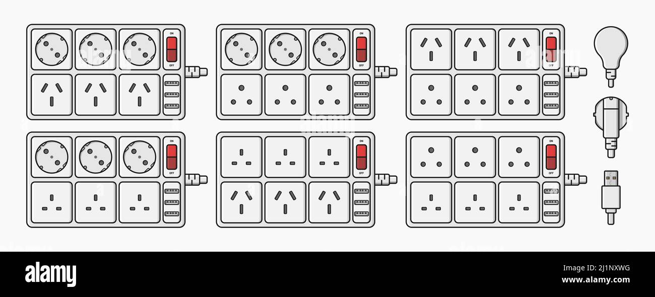 presa multipla prolunga cavo set di prese vettoriali illustrazione piatta Illustrazione Vettoriale