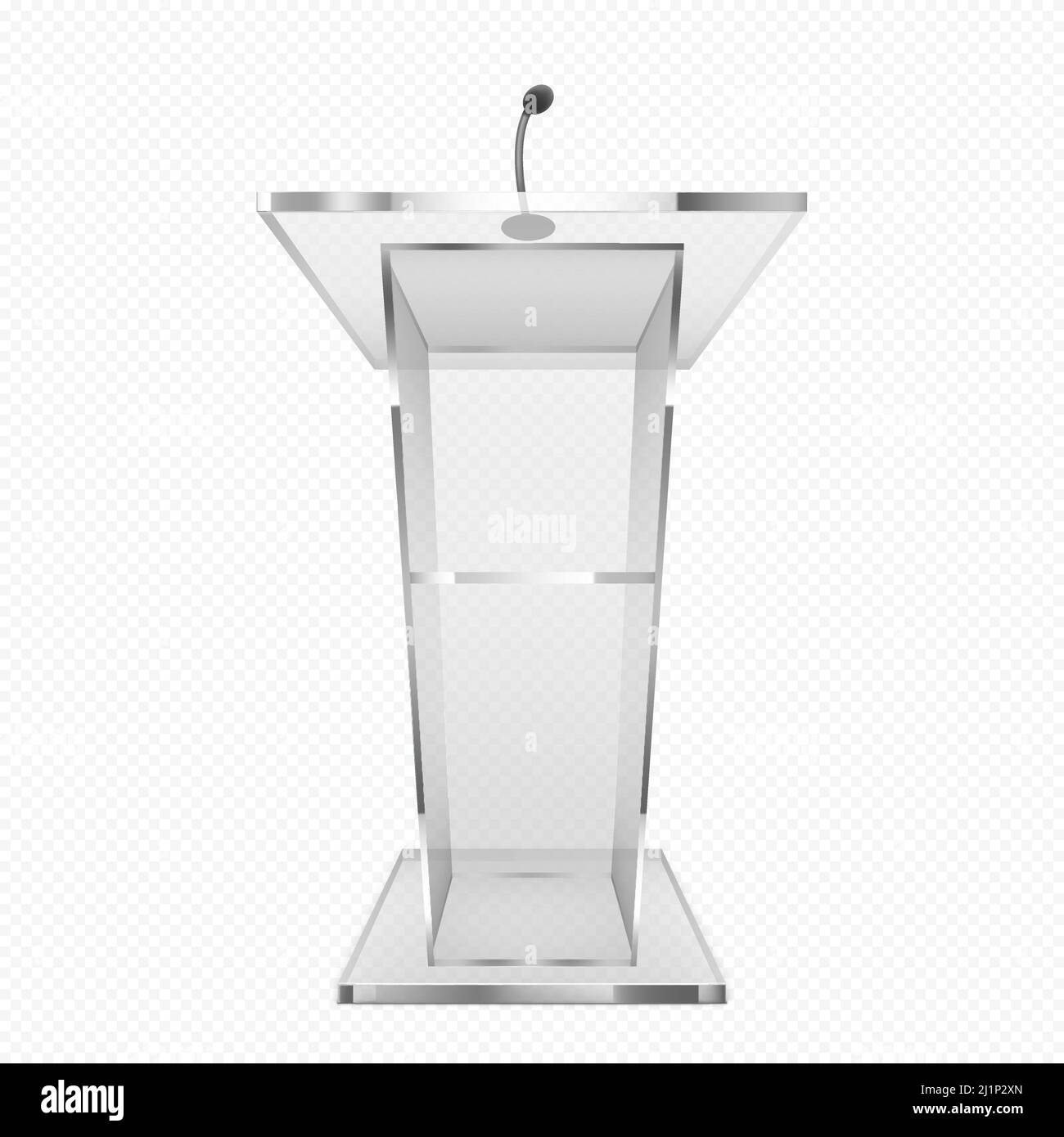 Pulpito di vetro, podio o tribuna. Stativo a rostro con microfono per dibattiti in conferenza, trofeo isolato su sfondo trasparente. Presentazione aziendale Illustrazione Vettoriale