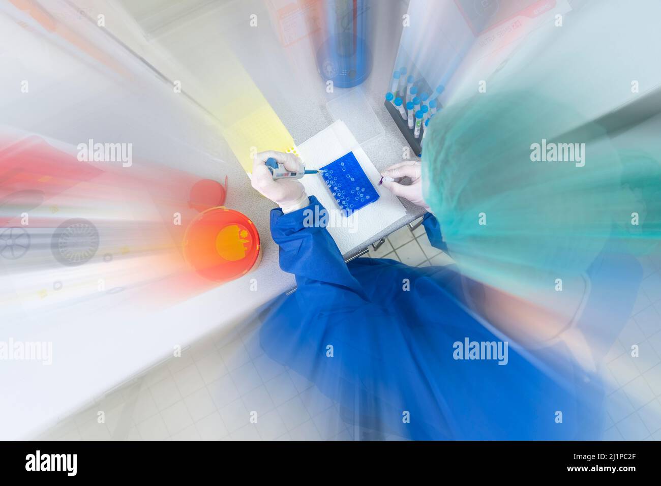 Scienziati di laboratorio medici in laboratorio che utilizzano micropipette a spostamento d'aria che riempiono una provetta di reazione incolore. Foto Stock