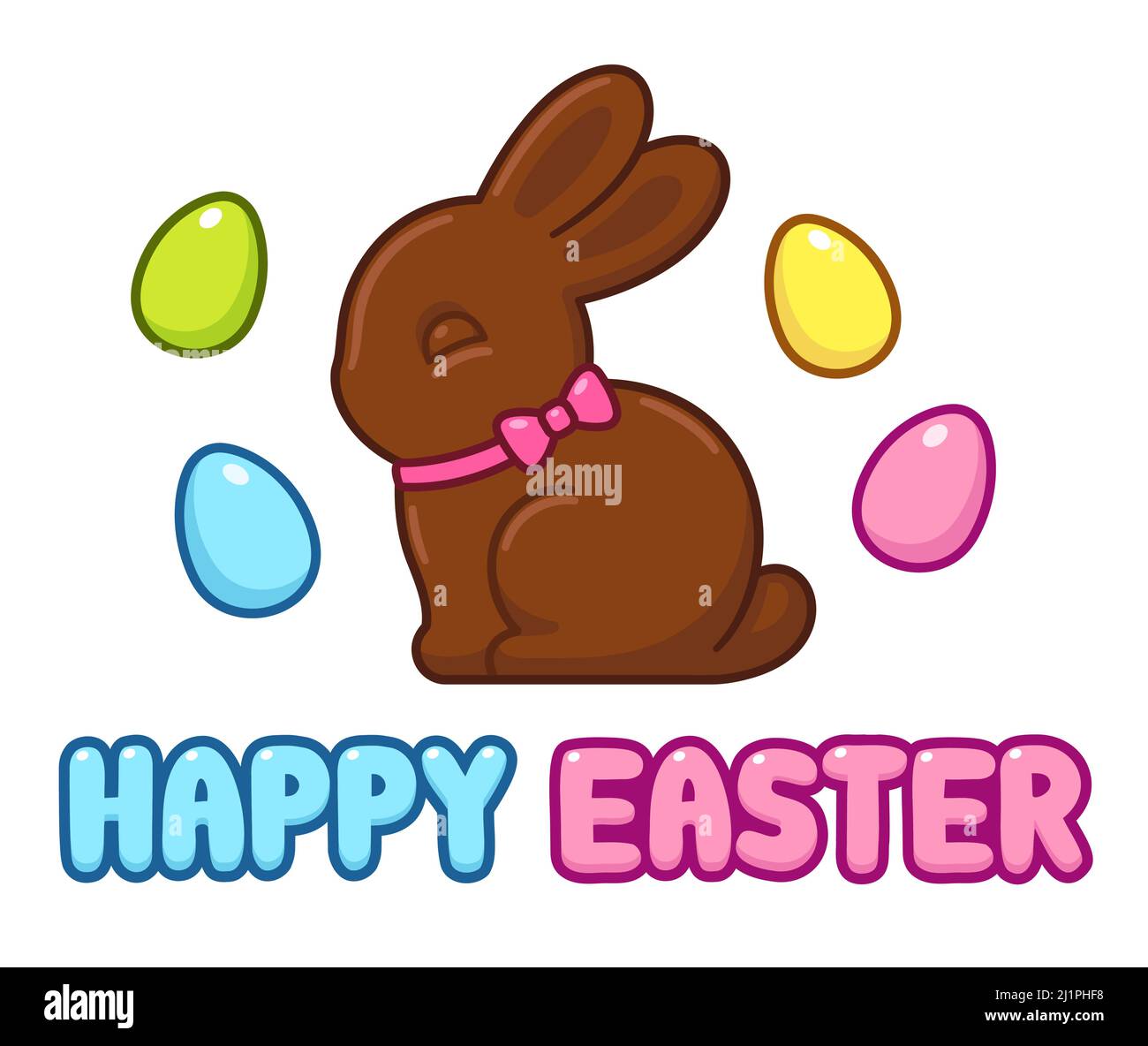 Felice Pasqua uovo caccia disegno con coniglietto al cioccolato. Carino illustrazione vettoriale dei cartoni animati. Illustrazione Vettoriale