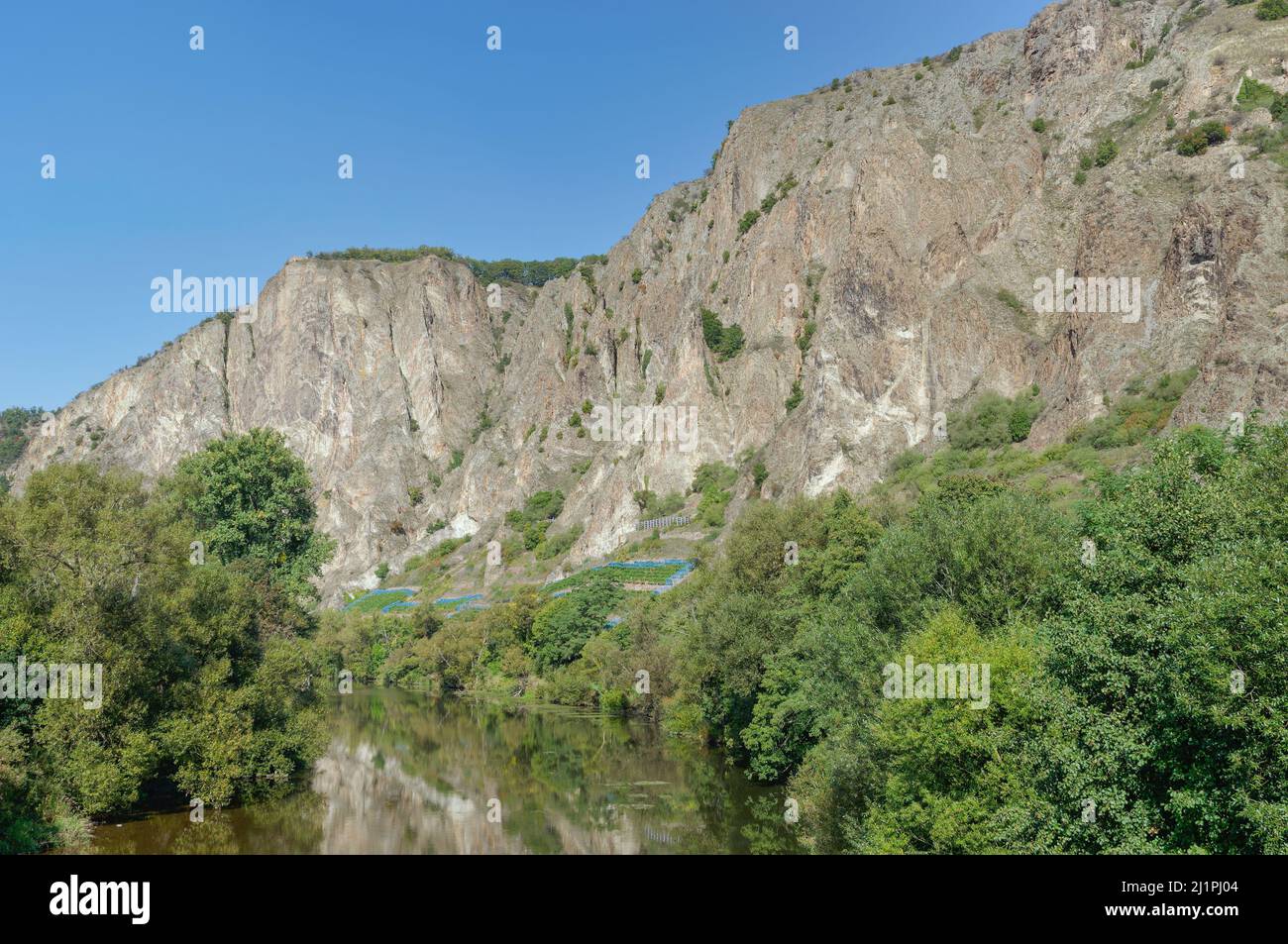 La famosa riserva naturale di Rotenfels Rock, il fiume Nahe, Bad Muenster am Stein-Ebernburg, Germania Foto Stock