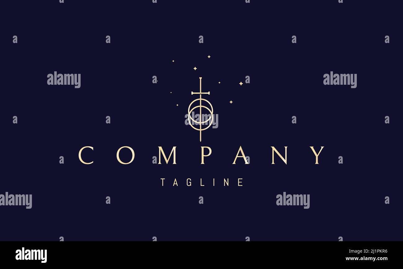 Logo vettoriale dorato su cui un'immagine astratta di due sfere incrociate e una spada. Illustrazione Vettoriale