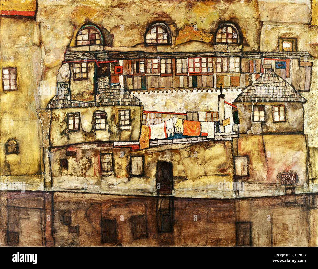 Reproduction Tableau Schiele Sur Toile - 'Muro Di Casa Sul Fiume', Décoration Murale Sur Mesure Italie
