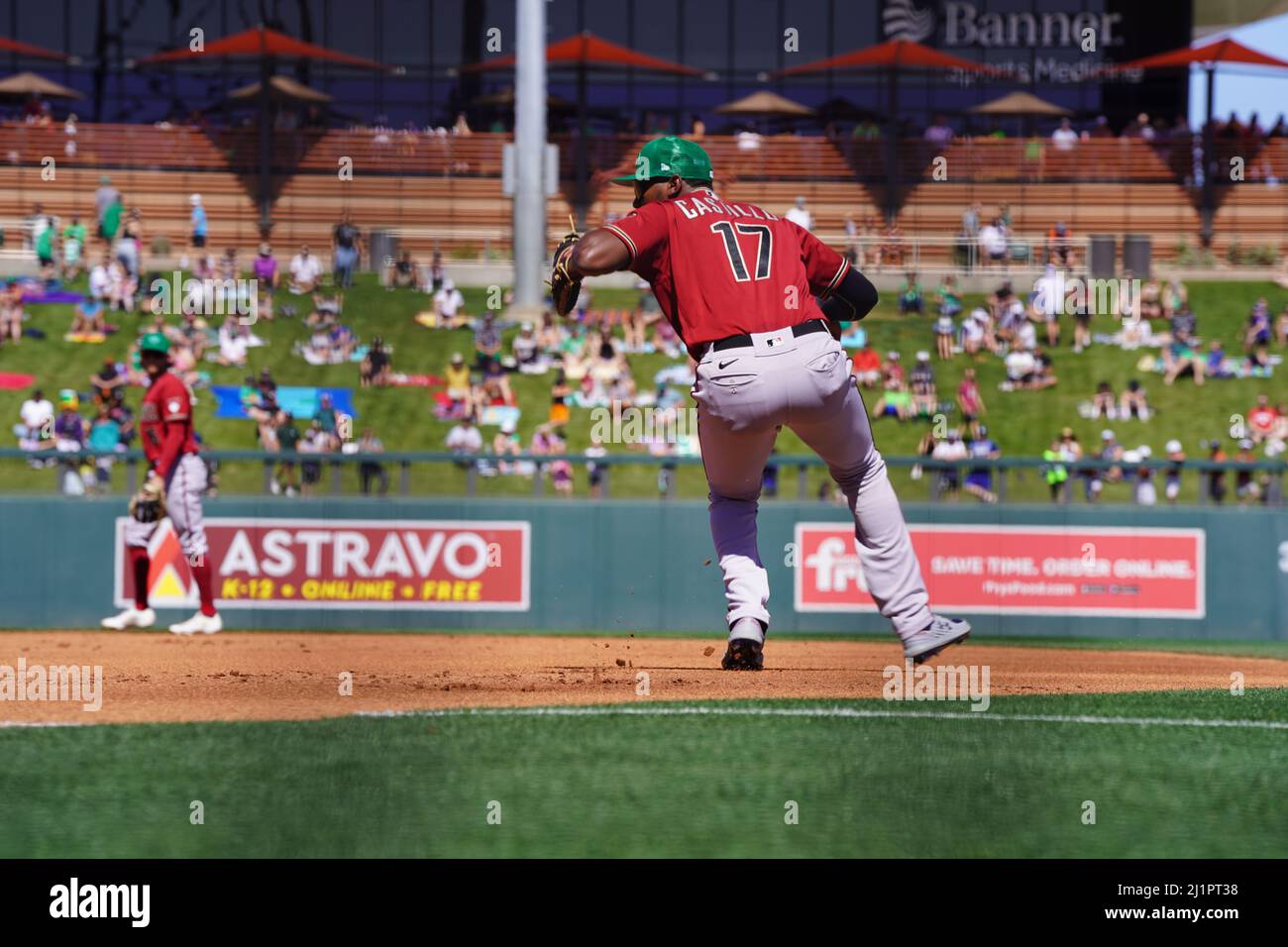 Arizona Diamondbacks interno durante un allenamento primaverile della MLB partita di baseball giovedì 17 marzo 2022, al Salt River Fields di Scottsdale, Ariz. (Scott Finkelmeyer/Image of Sport) Foto Stock