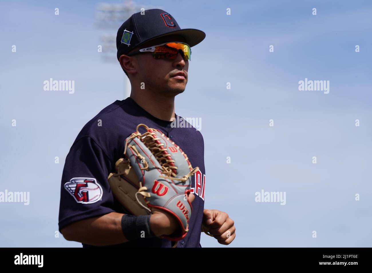 Giocatore dei Cleveland Guardians durante una partita di baseball degli allenamenti primaverili della MLB venerdì 25 marzo 2022 allo Scottsdale Stadium di Scottsdale, in Arizona (Scott Finkelmeyer/Image of Sport) Foto Stock
