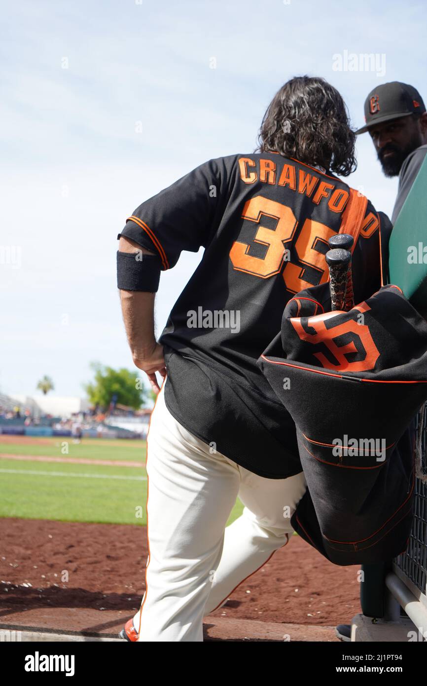San Francisco shortstop Brandon Crawford (35) durante una partita di baseball degli allenamenti primaverili della MLB venerdì 25 marzo 2022, allo Scottsdale Stadium di Scottsdale, Ariz. (Scott Finkelmeyer/Image of Sport) Foto Stock