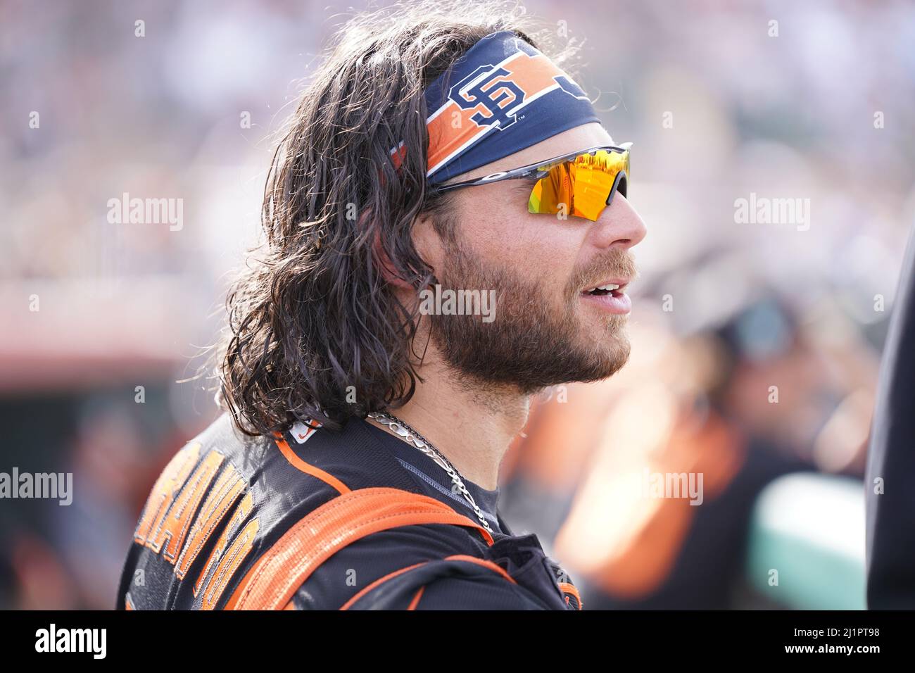 San Francisco shortstop Brandon Crawford (35) durante una partita di baseball degli allenamenti primaverili della MLB venerdì 25 marzo 2022, allo Scottsdale Stadium di Scottsdale, Ariz. (Scott Finkelmeyer/Image of Sport) Foto Stock