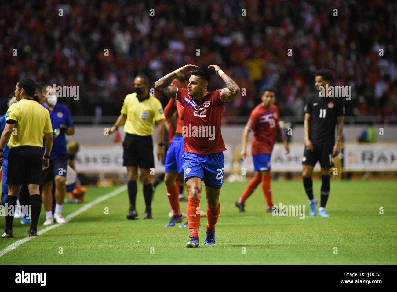 SAN JOSE, Costa Rica: Ronald Matarrita, giocatore costaricano, durante la vittoria del Costa Rica 1-0 sopra il Canada nella Coppa del mondo CONCACACAF su Foto Stock