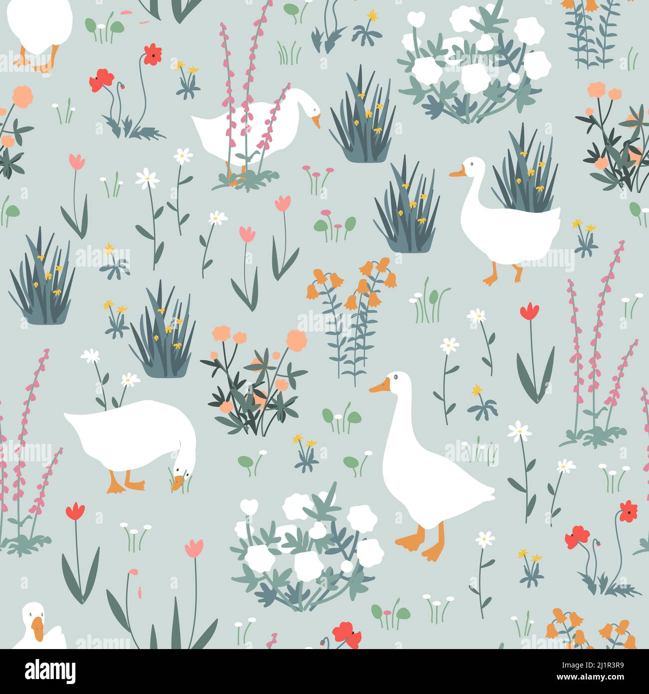 Carino motivo senza cuciture con fiori d'oca e di lecca-lecca. Oche nel giardino primaverile. Illustrazione vettoriale. Illustrazione Vettoriale
