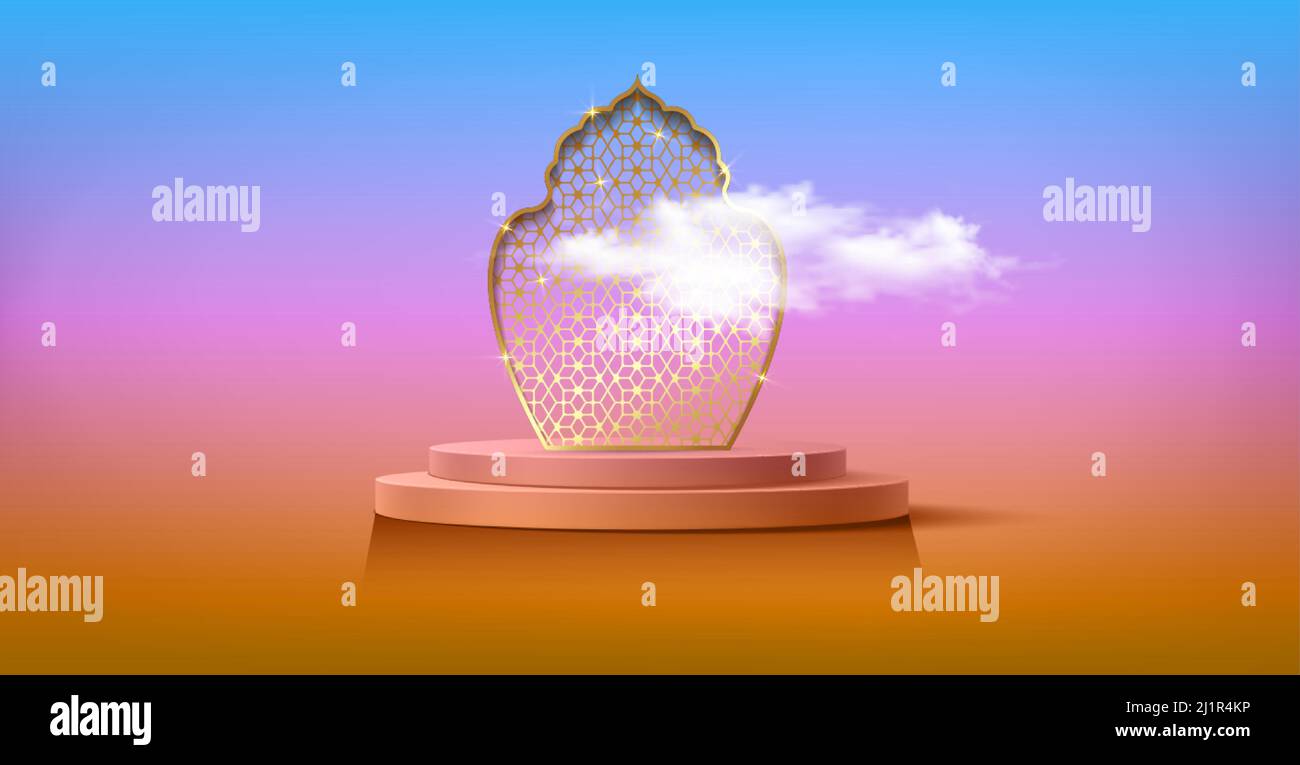 Podium islamico di lusso con finestra arabica oro simboli islamici tradizionali. 3D Banner orizzontale per vetrina prodotti, presentazione prodotti, cosmetici, Illustrazione Vettoriale