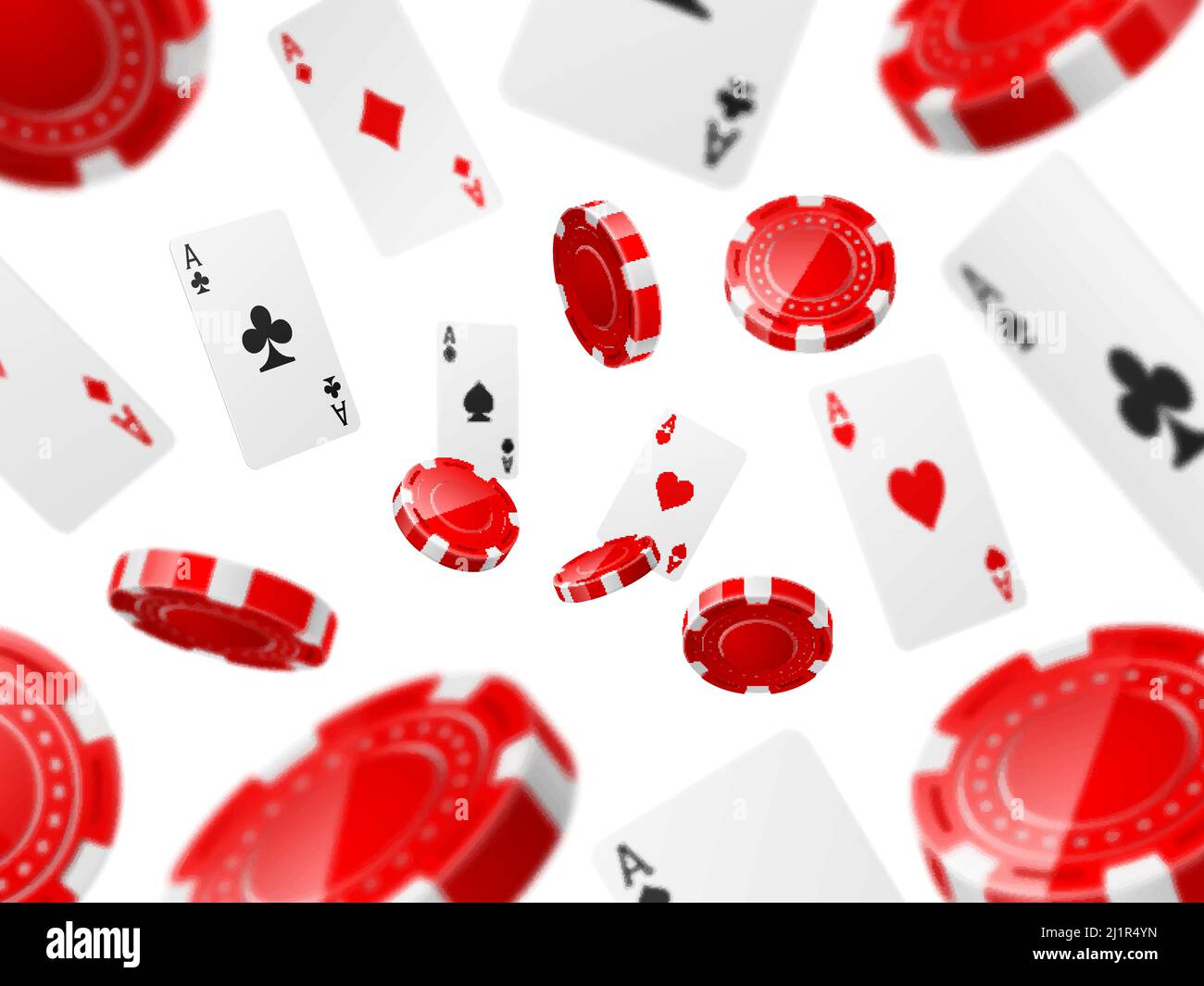 Caduta di assi e chip. Elementi di gioco di volo sfondo. Carte da poker e gettoni. Diversi angoli di visualizzazione. Gioco Fortune. Giocare alla roulette e scommettere Illustrazione Vettoriale