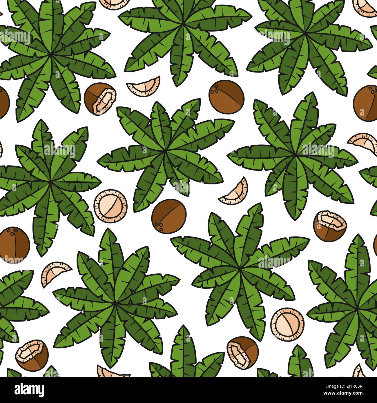 Motivi senza giunture con palme e noci di cocco. Sfondo vettoriale tropicale con oggetti isolati. Illustrazione Vettoriale