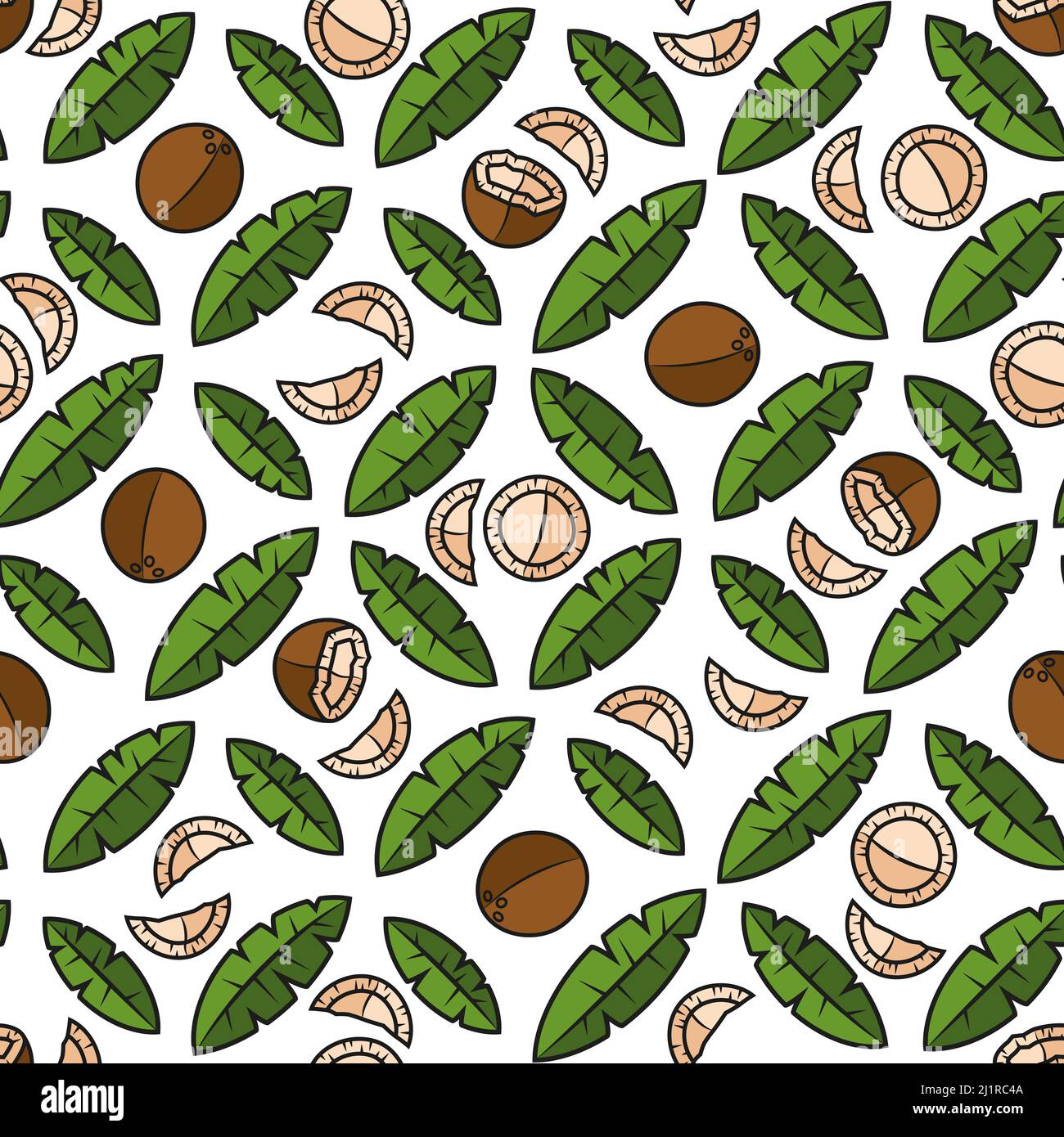 Motivo senza cuciture con foglie di palma e noci di cocco. Sfondo vettoriale tropicale con oggetti isolati. Illustrazione Vettoriale