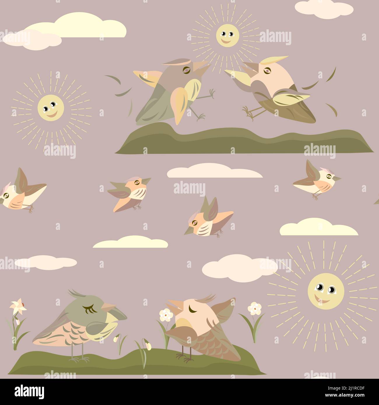 fiori primaverili narcisi e uccelli modello senza sfondo Illustrazione Vettoriale