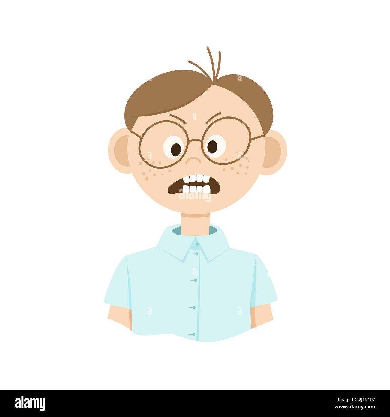 Disegno di un uomo cartoon in occhiali con emozioni sul suo volto. Stile Doodle Illustrazione Vettoriale