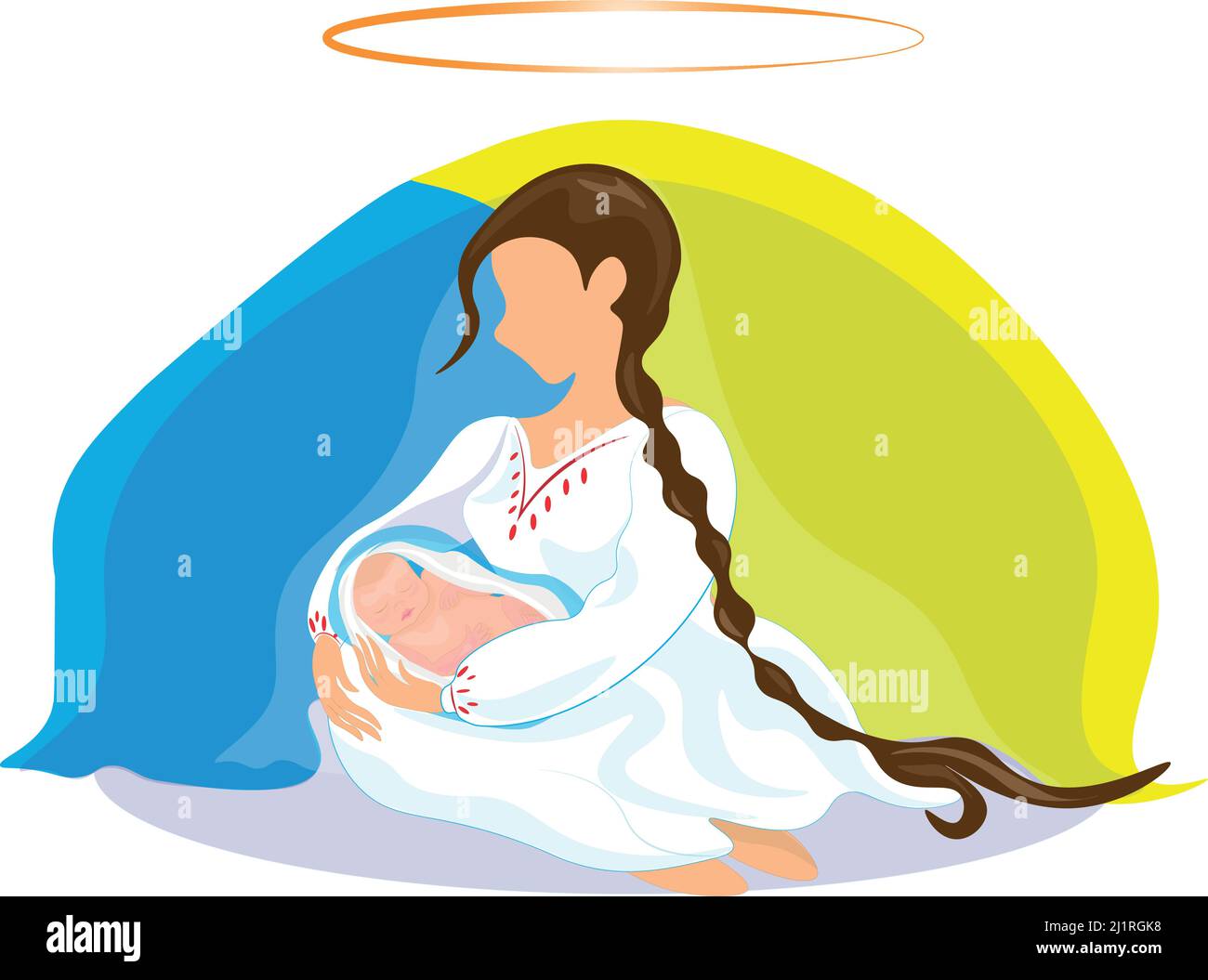 Illustrazione di madre Ucraina e neonato baby.A giovane madre tiene il suo bambino nelle sue braccia e protegge il suo sonno come un angelo. Preghiera per la pace per Illustrazione Vettoriale