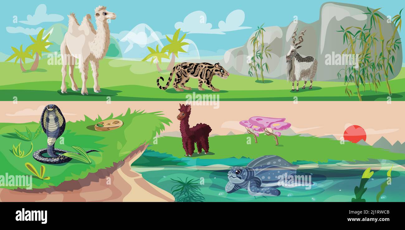 Colorati animali asiatici striscioni orizzontali con cammello pantera di capra selvatica lama serpente e tartaruga sulla natura paesaggio illustrazione vettoriale Illustrazione Vettoriale