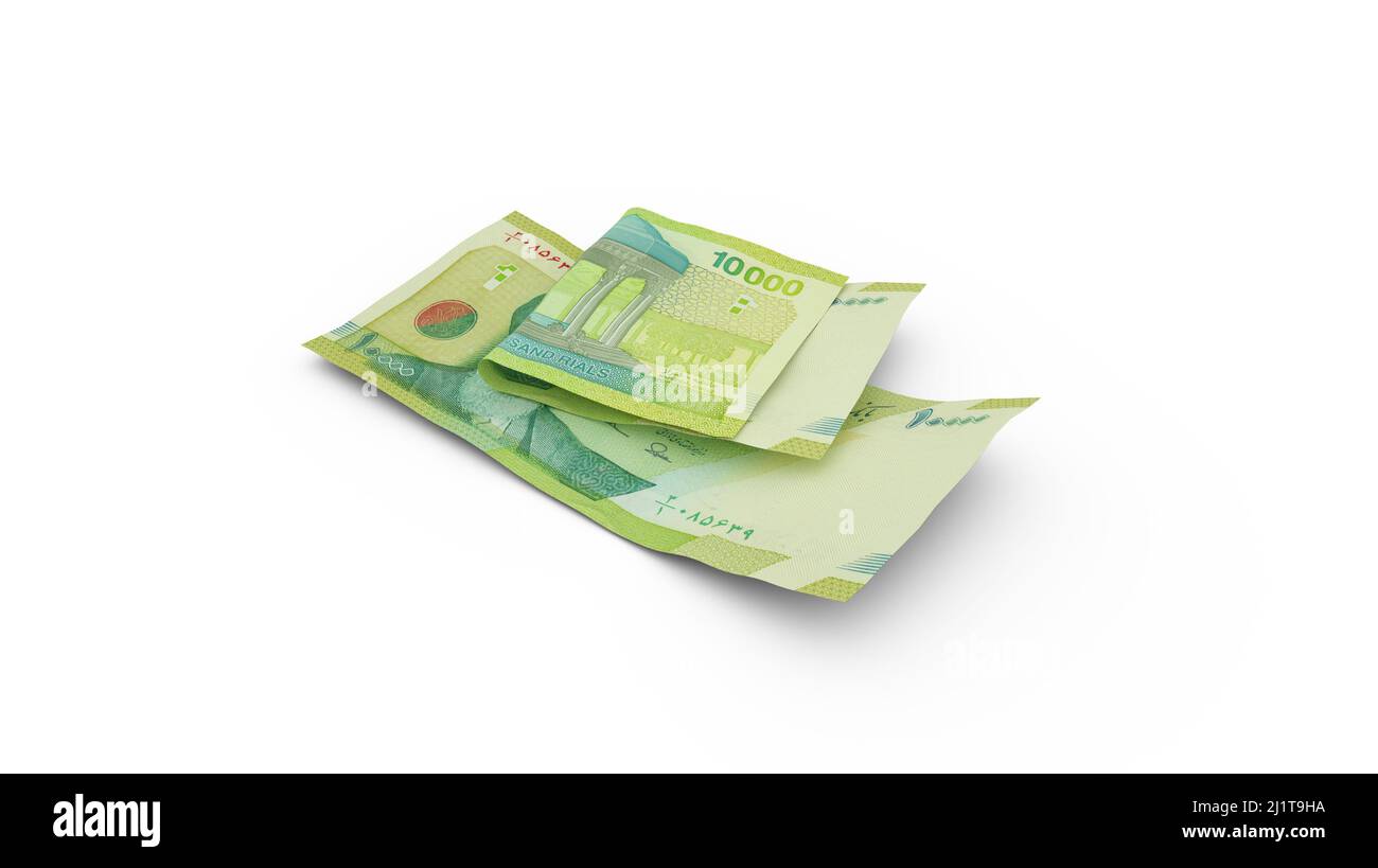 3D rendering di Double 10000 note rial iraniane con ombre Foto Stock
