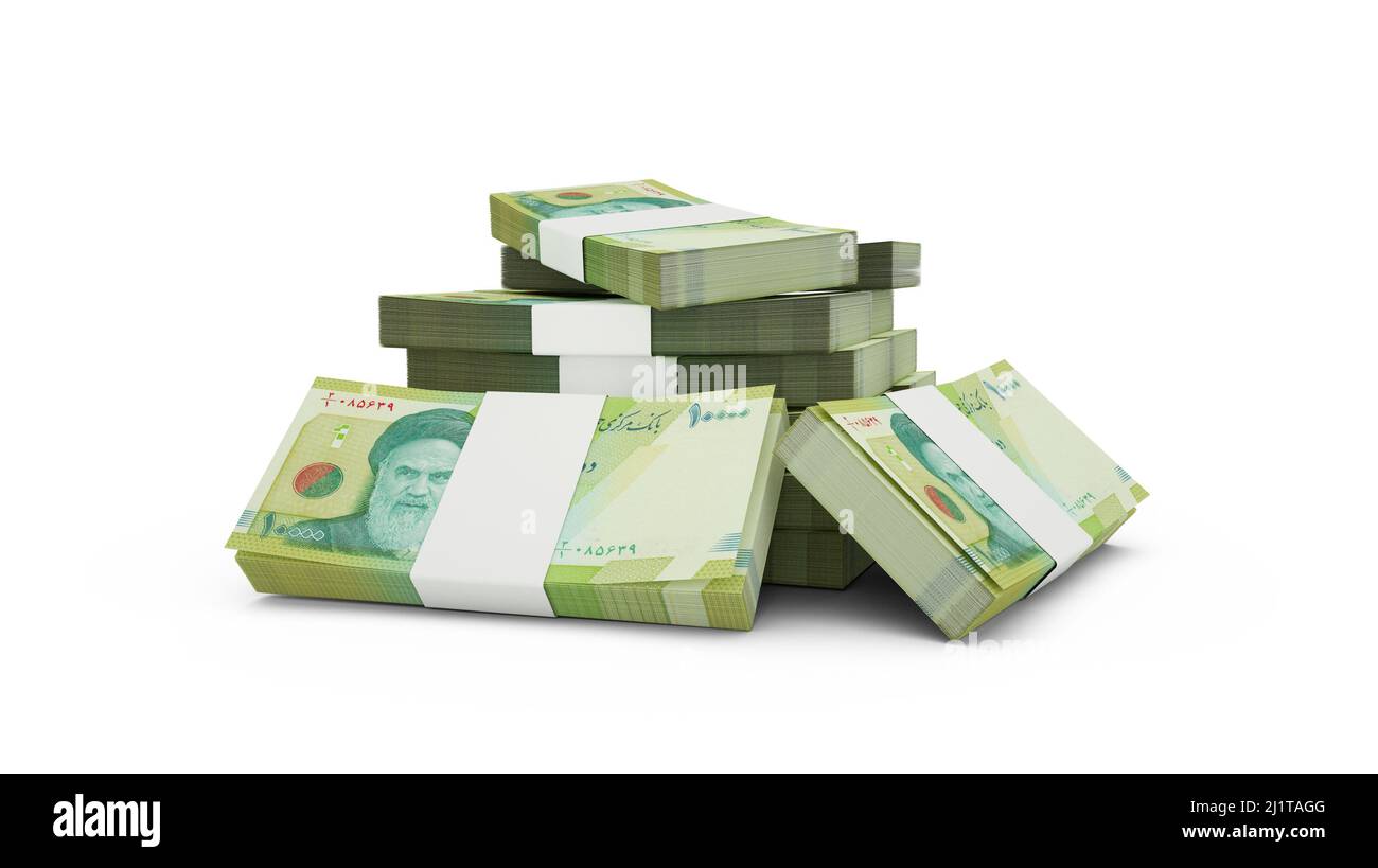 3D rendering di Stack di 100000 banconote rial iraniane. Fasci di banconote in valuta iraniana isolati su sfondo bianco Foto Stock