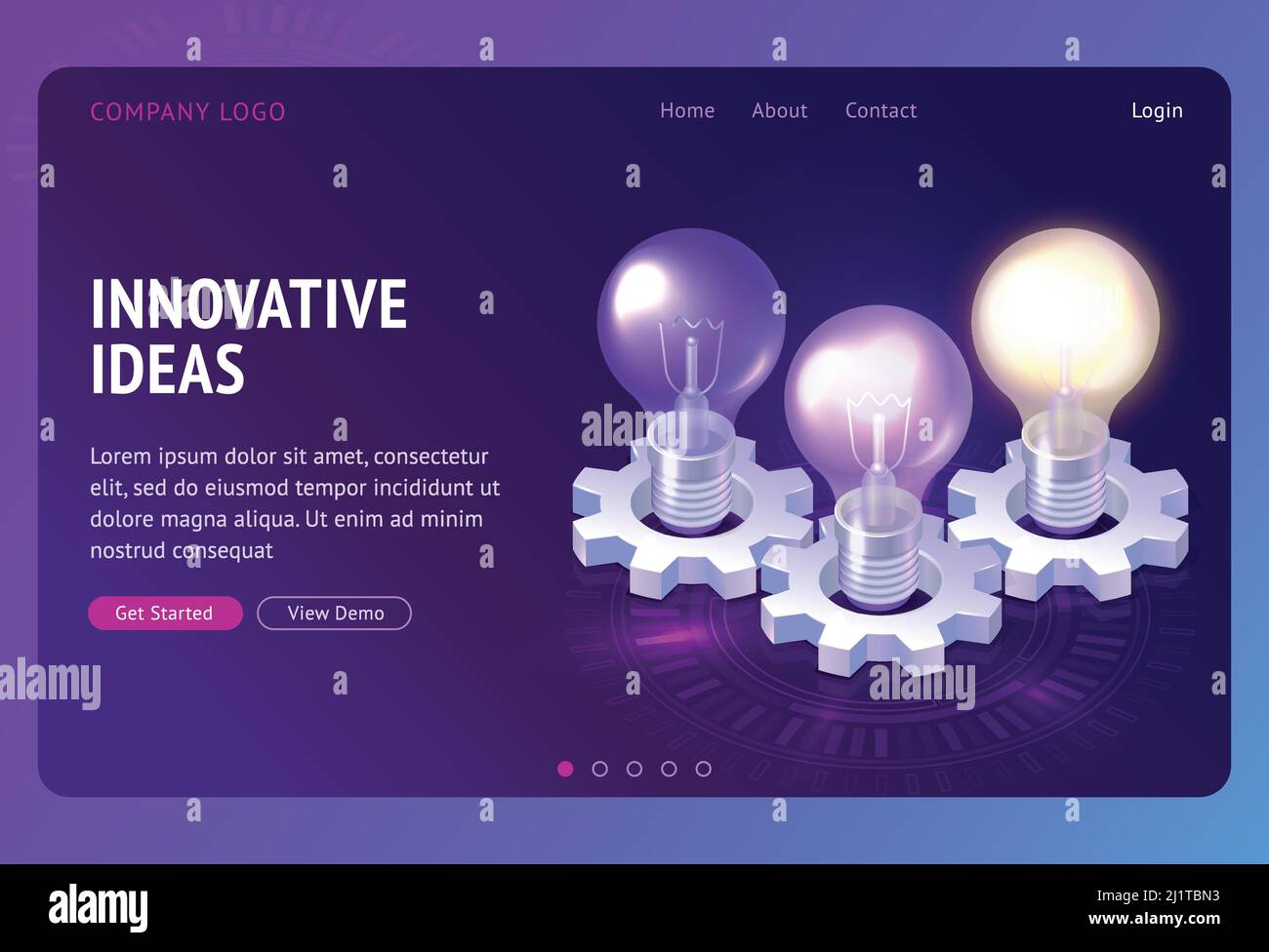 Innovativa pagina di atterraggio isometrica per lo sviluppo di idee con lampadine che illuminano il meccanismo delle ruote dentate. Ricerca di soluzioni creative, ricerca scientifica Illustrazione Vettoriale