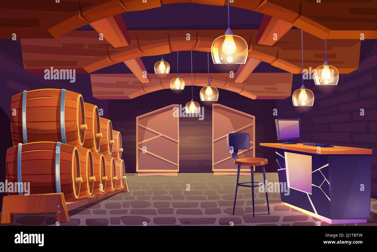 Enoteca, interno cantina con barili in legno, pareti in mattoni e pavimento, lampade a forma di verricello. Negozio di bevande alcoliche con pc sulla scrivania e. Illustrazione Vettoriale