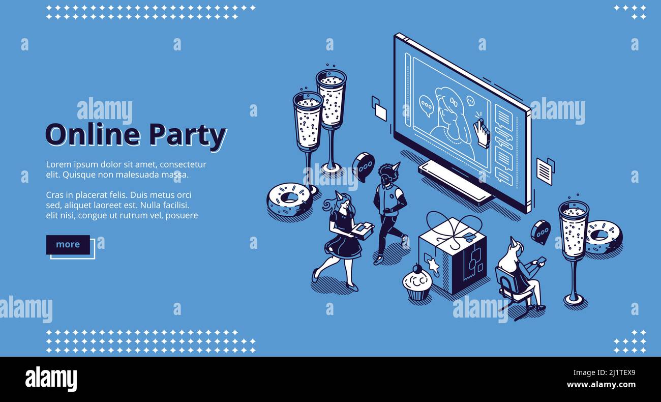 Banner party online. Incontro virtuale con gli amici, festa di compleanno via Internet. Pagina di destinazione vettoriale con persone felici isometriche, schermo del computer Illustrazione Vettoriale