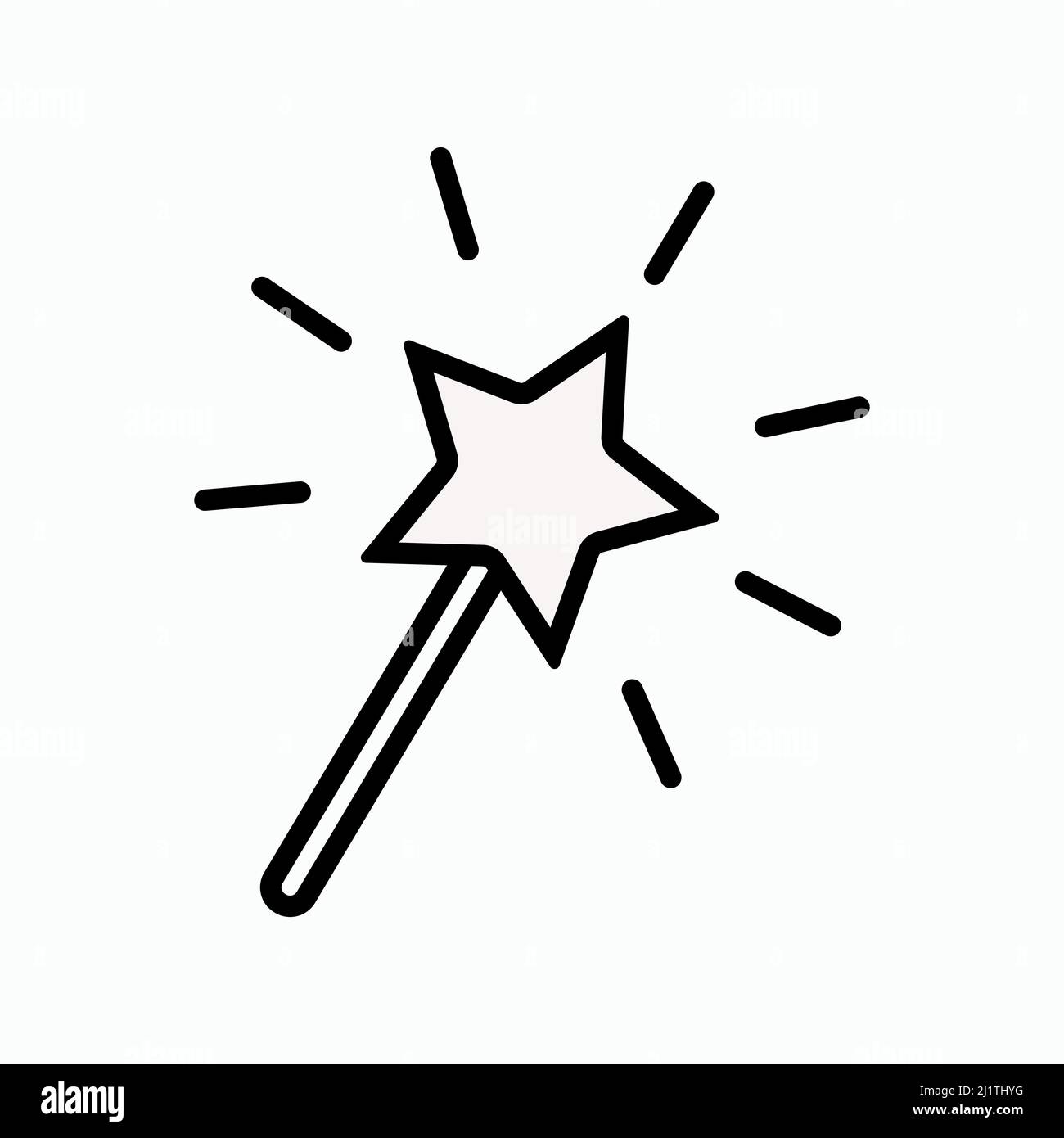 Bacchetta magica su sfondo bianco. Immagine vettoriale dell'icona del mago stick wizard con il logo Illustrazione Vettoriale