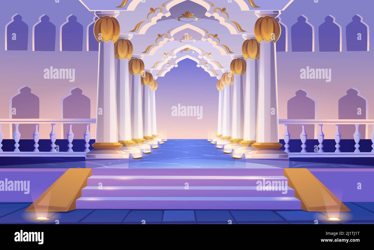 Corridoio del castello con scala, colonne e archi. Ingresso del palazzo con colonne e illuminazione. Edificio medievale architettura design, palla vuota r Illustrazione Vettoriale