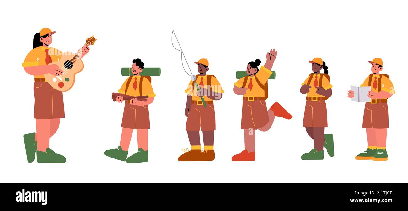 I bambini scouts in uniforme e donna insegnante con chitarra isolato su sfondo bianco. Illustrazione piatta vettoriale di bambini escursionistici nel campo estivo, ragazzi e ragazze con zaini, legna da ardere, mappa e canna da pesca Illustrazione Vettoriale