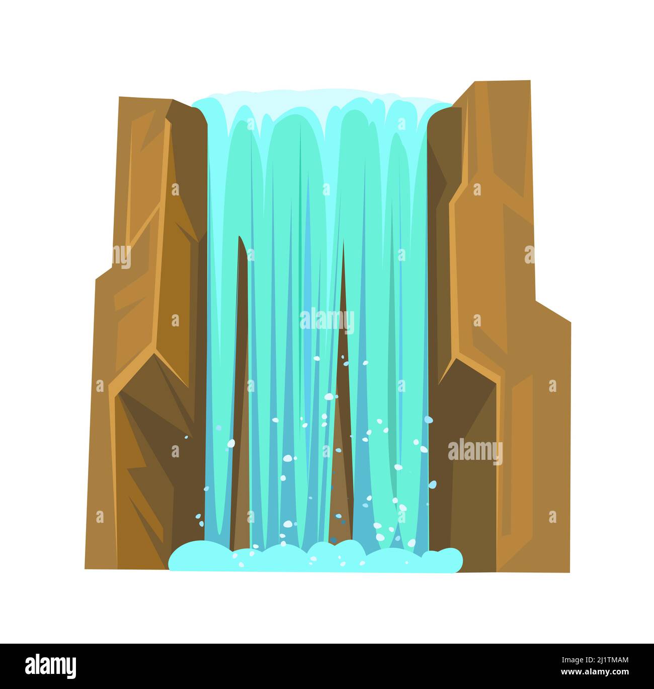 Cascata tra le rocce. La cascata fruscii verso il basso. Flusso d'acqua. Oggetto isolato su sfondo bianco. Poco spray. Stile cartoon cool. Vettore. Illustrazione Vettoriale