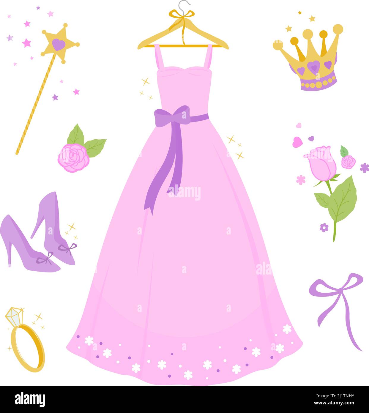 Bel vestito di principessa rosa. Set di illustrazioni vettoriali Illustrazione Vettoriale