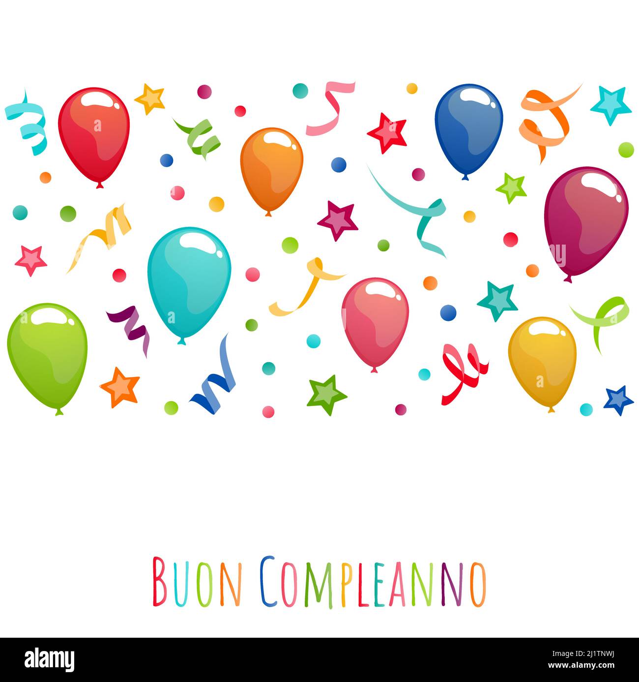 banner file di illustrazione vettoriale eps con auguri di compleanno (testo italiano) con palloncini, streamer, confetti e stelle per il compleanno e festa tempo co Illustrazione Vettoriale