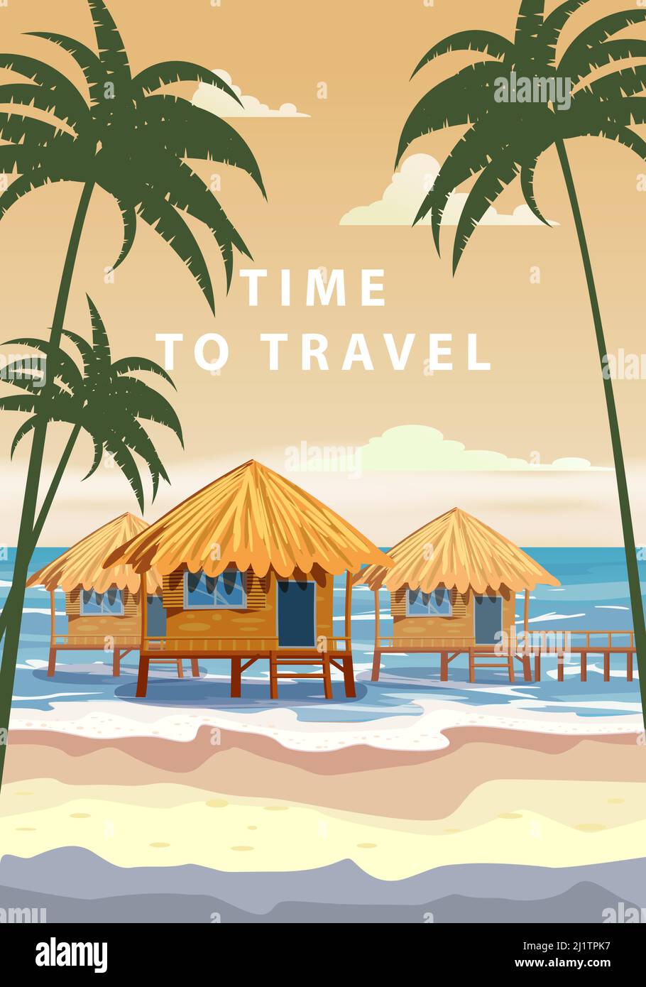 È il momento di viaggiare. Poster resort tropicale vintage. Spiaggia costa capanne tradizionali, palme, oceano. Vettore di illustrazione stile retrò Illustrazione Vettoriale