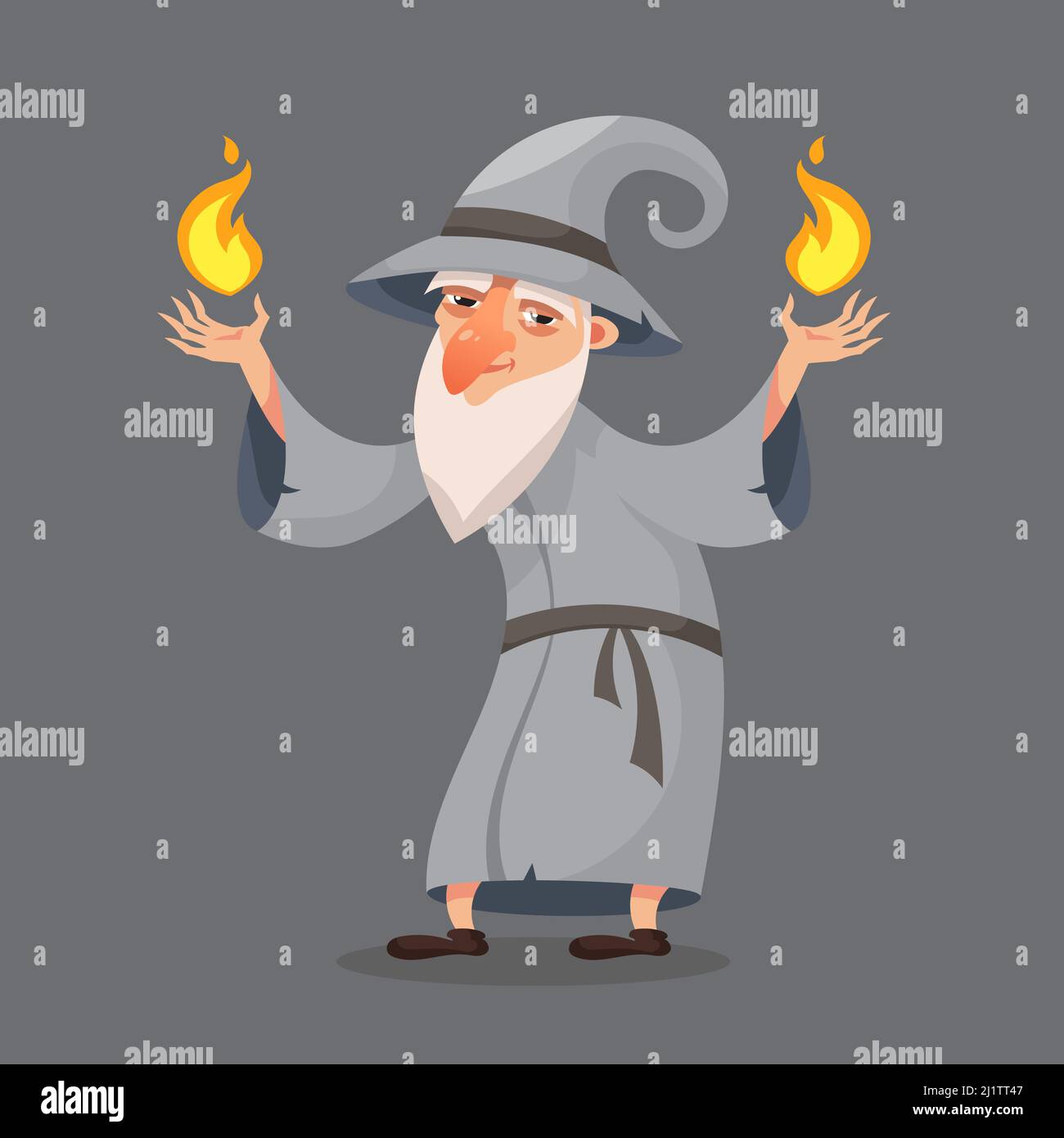 Wizard con il fuoco nelle sue mani. Vecchio personaggio magico. Illustrazione Vettoriale