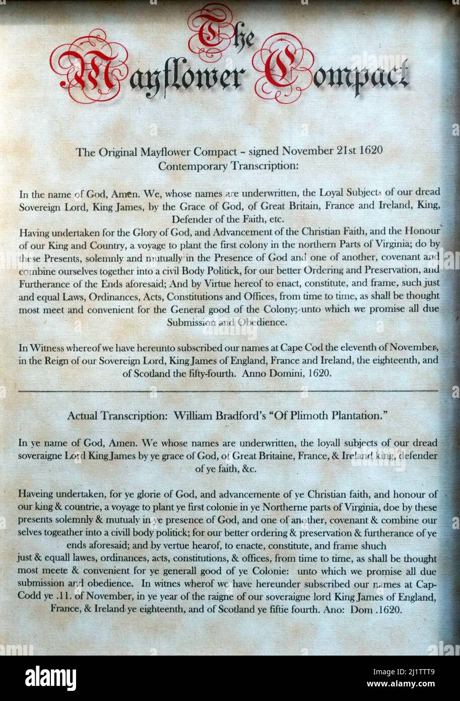 Il Mayflower Compact, accordo tra i Settlers di New Plymouth.The primo documento di governo di Plymouth Colony.written dai passeggeri maschi del Mayflower, costituito da Puritans separatista, avventurieri, e commercianti, in fuga dalla persecuzione religiosa da re Giacomo i di Inghilterra.firmato a bordo nave il 21,1620 novembre. Foto Stock