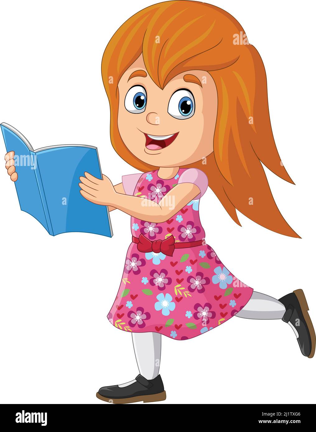 Cartoon piccola ragazza si alza e leggere un libro Illustrazione Vettoriale