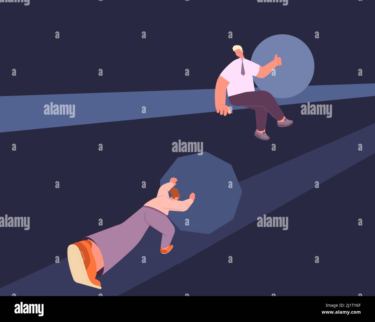 Divario tra i sessi sul lavoro. Donna sodo metafora di lavoro. Uomo seduto in cima alla ragazza e mostra pollici in su. Business leader vs boss, concetto vettoriale Illustrazione Vettoriale