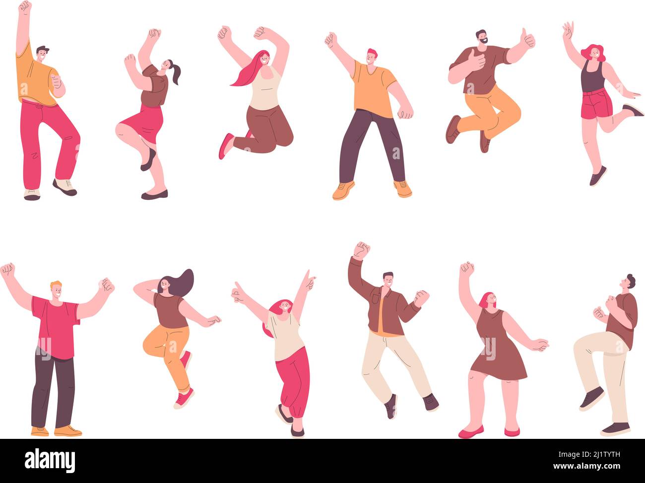 Personaggi happy jumping. Le donne d'ufficio, festeggiamenti giovani di successo. Libertà delle persone, ragazzi o studenti clipart. Vettore kicky eccitato attivo Illustrazione Vettoriale
