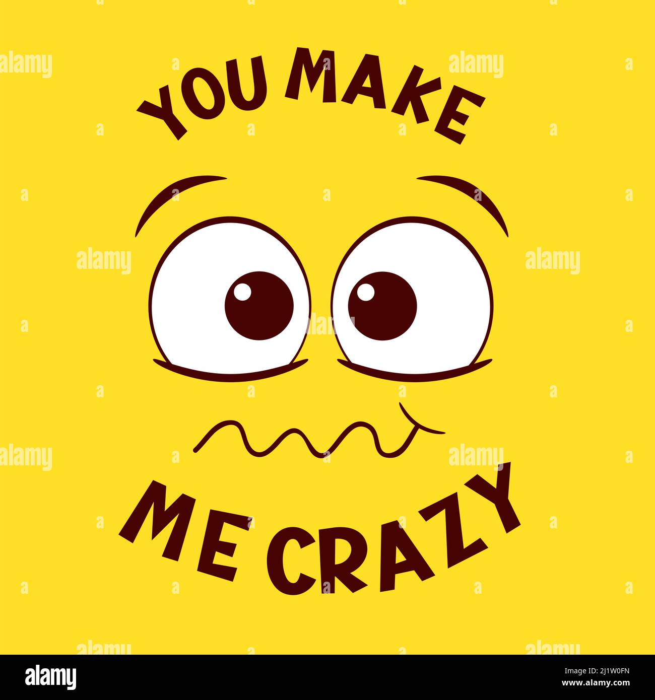 Divertente emoji. Emoticon pazzo sul viso su sfondo giallo. Iscrizione che mi fai pazzo. Può essere utilizzato con t-shirt, adesivi, design di carte. Illustrazione vettoriale Illustrazione Vettoriale