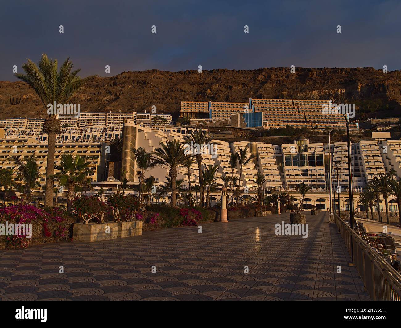 Vista del lungomare vuoto della località turistica Taurito, Gran Canaria meridionale, Isole Canarie, Spagna in serata luce del sole con palme. Foto Stock