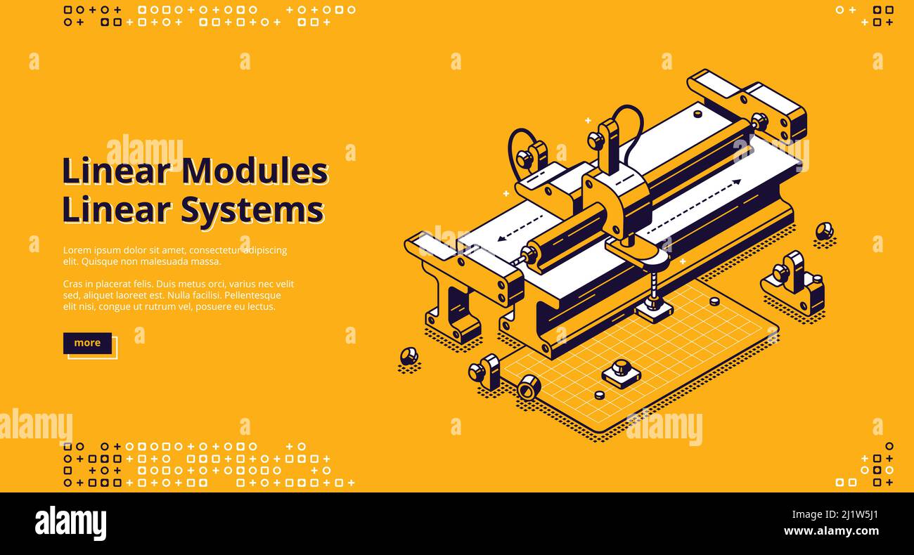 Banner moduli lineari. Concetto di sistemi a movimento lineare per macchine, ingegneria e produzione. Pagina di destinazione vettoriale con illustrazione isometrica Illustrazione Vettoriale