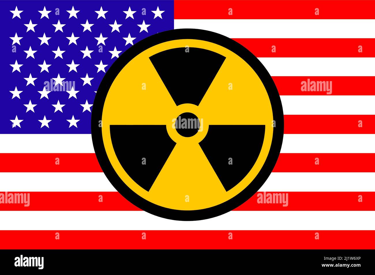 Stati Uniti d'America (USA). Armi nucleari. Bandiera USA con simbolo di armi chimiche. Illustrazione della bandiera degli Stati Uniti. Design orizzontale. Foto Stock