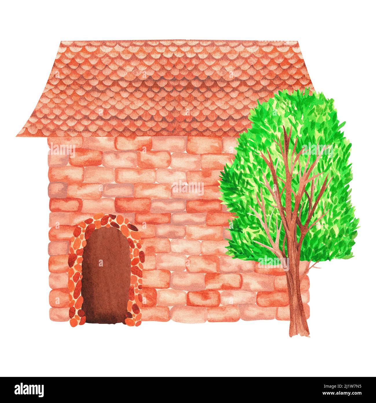 Casa di mattoni con un albero. Illustrazione dell'acquerello. Isolato su sfondo bianco. Per il vostro disegno degli articoli interni della stanza dei bambini, della cancelleria, delle coperture del libro Foto Stock