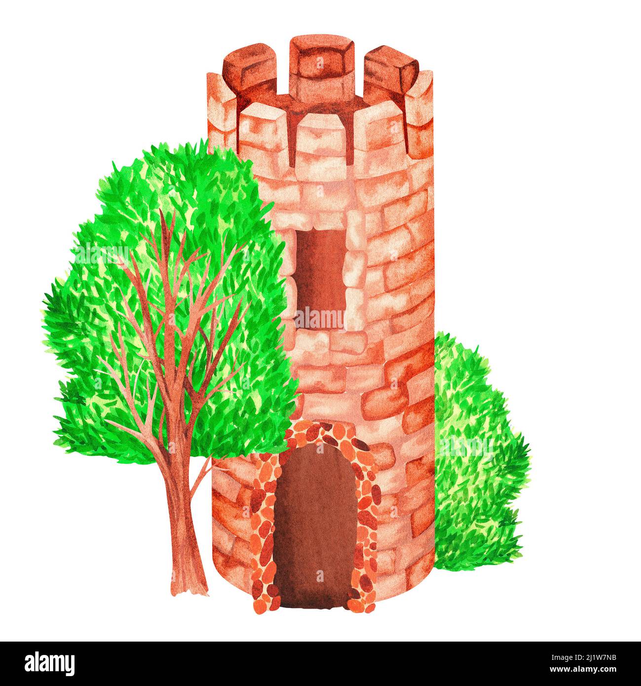 Una fortezza con un albero e un arbusto. Illustrazione dell'acquerello. Isolato su sfondo bianco. Per il vostro disegno degli articoli interni del vivaio, cancelleria Foto Stock